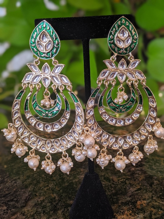 Chandbali Earrings With Lotus Design Kundans and Pearls Jhumka