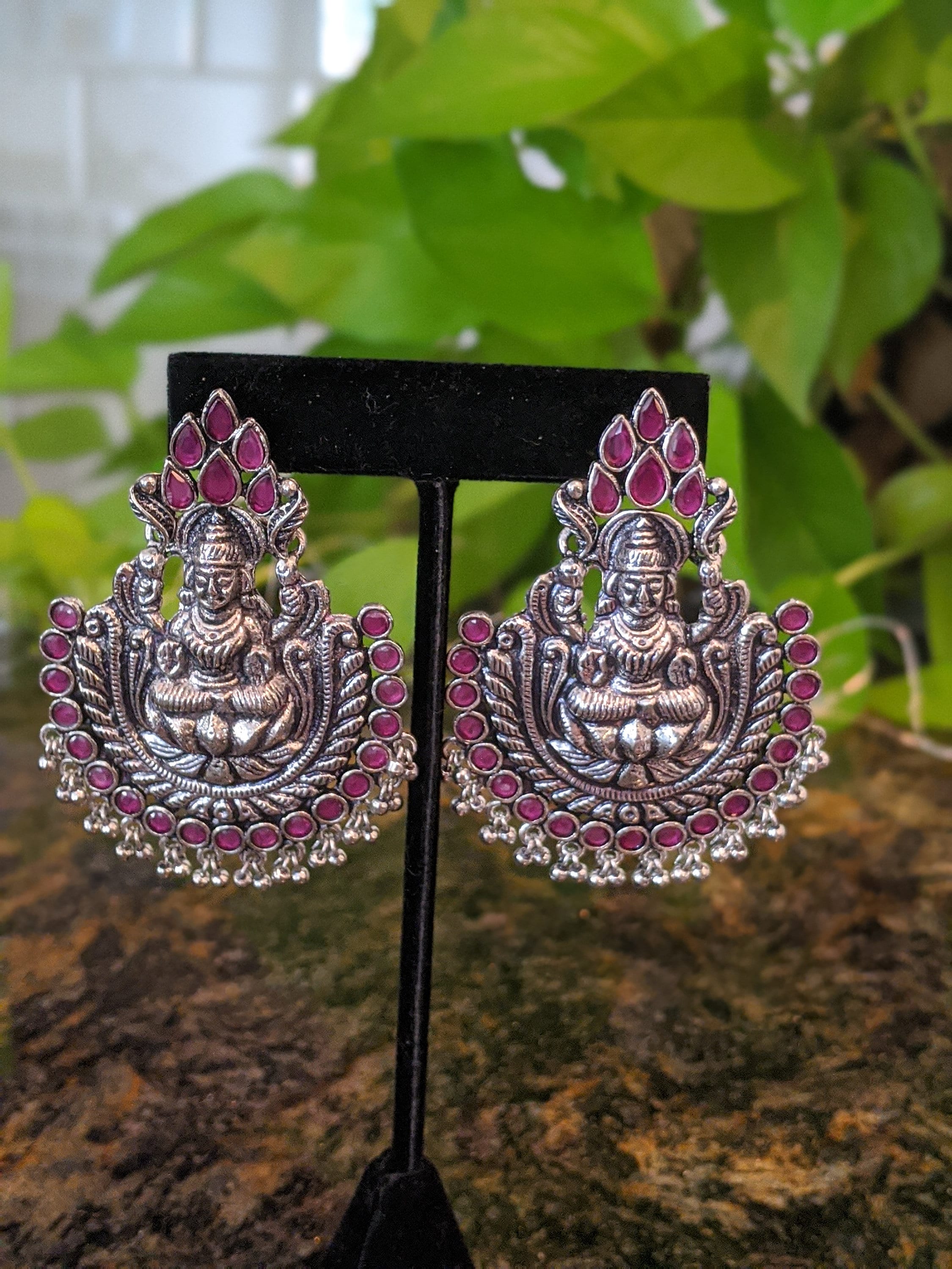 German Silver Lakshmi Devi Earrings With Colored Stones, Indian