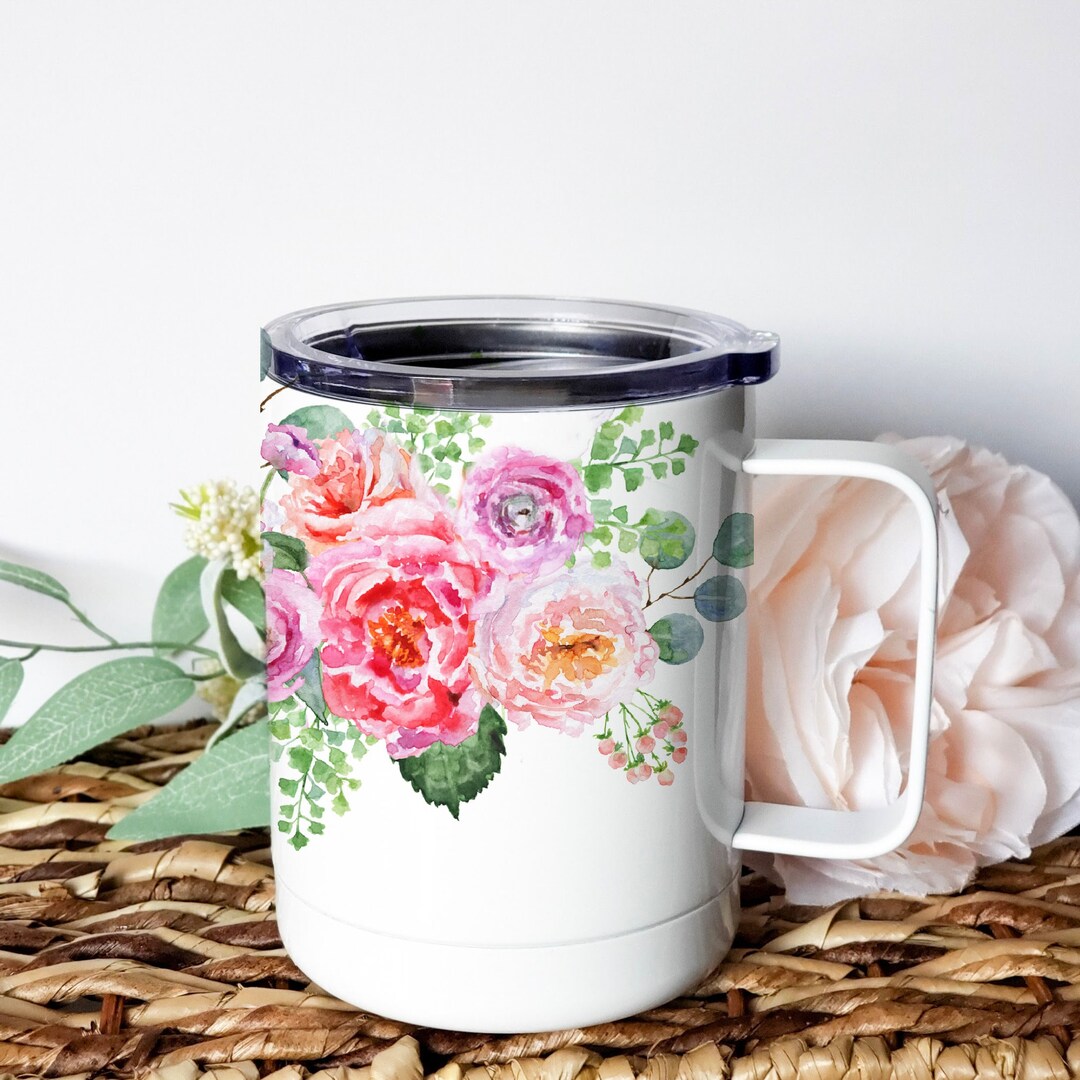 Pink Floral Watercolor Stainless Steel Camp Mug - Etsy
