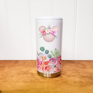 Pink Disney, Mickey, Minnie Floral Watercolor Stainless Steel 12 oz Skinny Can Cooler