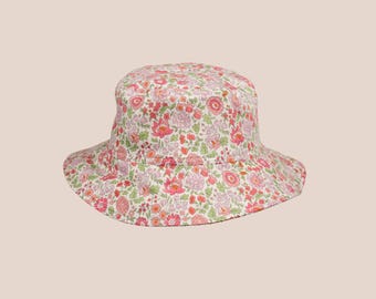 Liberty of London Bucket Hat: D'Anjo Pink Floral, Baby Toddler Sun Hat