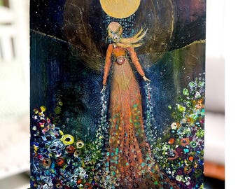 Print + Original Collage Mixed Media Painting on wood " Grace of the Moon" by Manda Marble
