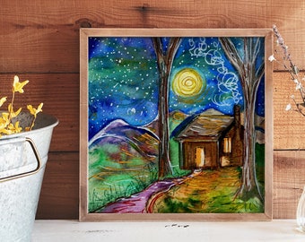 FINE ART PRINT Watercolor Art,  Landscape, Cabin Decor, Rustic Wall Art, Forest Painting, Cabin in the woods Cabin Art cabin Cottage Fairy