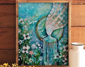 Rising Goddess Original Painting + Art Print: Fairytale Woodland Nature Art by Manda Marble ; Reiki healing, third-eye chakra, heart chakra