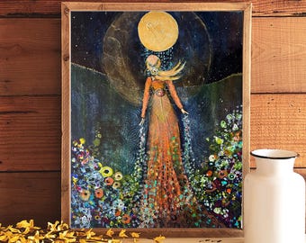 Print of Original Painting by Manda Marble. "Grace of the Moon" Goddess  Art Print: Wiccan Celestial Painting