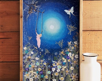 Moon Goddess Art Print: Luna Moth, Starry Sky, Gothic Fairy Tale