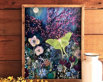 Luna Moth Floral Art Print: Original Painting Reproduction (Archival Ink)
