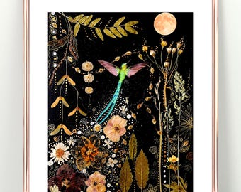 Print of Original Artwork by Manda Marble. Hummingbird and Moon Art Print "The Last Sip of Moonlight"