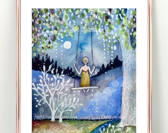 The Earth Holds Me - Print of Original Watercolor by Manda Marble,  Spiritual Art, Celestial Painting