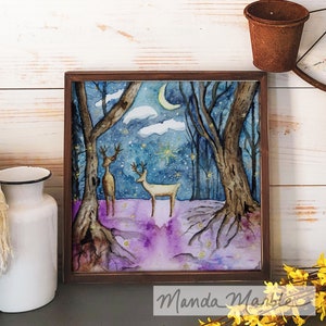 FINE ART PRINT Original Nature Artwork Original Print for Wall Art Animal Magical Forest Print Forest Wall Art Deer Print Cottage Fairy Art