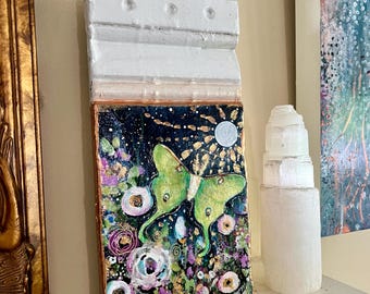 Original Painting on up-cycled wooden baseboard  "Moon Chaser" Luna Moth Art by Manda Marble
