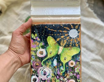 Original Painting on up-cycled wooden baseboard  "Moon Chaser" Luna Moth Art by Manda Marble