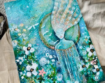 Rising Goddess Original Painting + Art Print: Fairytale Woodland Nature Art by Manda Marble ; Reiki healing, third-eye chakra, heart chakra