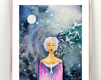 Exhale - Print of Original Watercolor by Manda Marble,  Spiritual Art, Celestial Painting