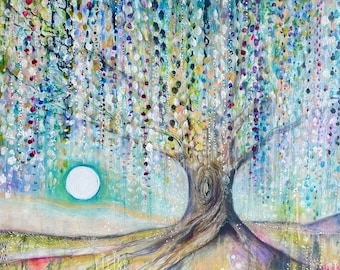 Moonlit Willow Tree Art Print: Ethereal Forest Landscape by Manda Marble