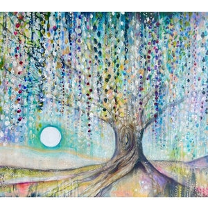 Moonlit Willow Tree Art Print: Ethereal Forest Landscape by Manda Marble