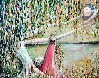 Original Handpainted Painting on Canvas - 20x20 Manda Marble Art, Woman with tree, Fairytale Painting
