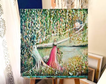 Original Handpainted Painting on Canvas - 20x20 Manda Marble Art, Woman with tree, Fairytale Painting