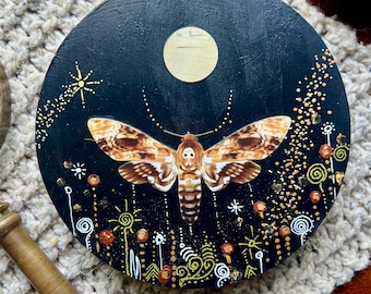 Hand Painted Collage Art on wood canvas : 6 inch Circle - Midnight moth and Garden Full Moon Art by Manda Marble