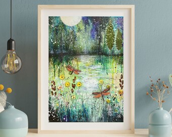 FINE ART PRINT Original Art Moon, Dragonfly Wiccan Art, Starry Sky, Magical Moon Wall Art Night Sky, Witchy Art, Moon Wall Decor, Folk Art