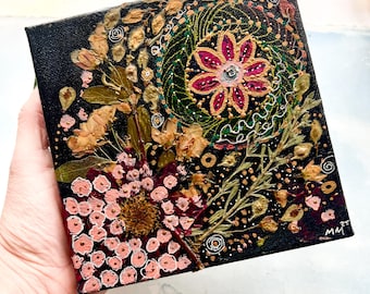 Pressed Flower Collage Art: 6x6" Botanical Painting on Canvas