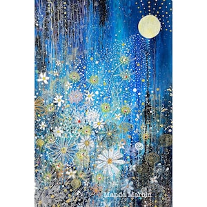 Print of Original Painting &quot; Night Washed Blooms&quot; By Manda Marble, Dreamy Celestial Print for a Magical Night Sky