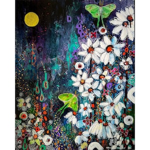 Print titled "In the Shadows of Moonlight" by Manda Marble - Luna Moth art print,   Full Moon, Dreamy Wall Art, Botanical, Celestial Decor