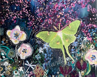 Prints of Original Painting "Free to Fly" Luna Moth Art by Manda Marble