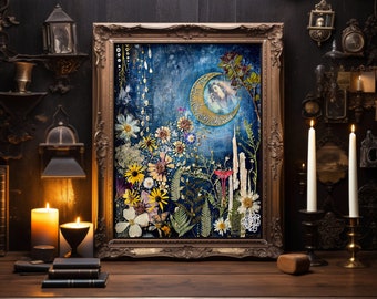 FINE ART PRINT : VIntage Gothic Art, Starry Sky, Crescent Moon, Wiccan Decor, Pressed Flower Green Witch Altar Art, Fairy Moon Goddess