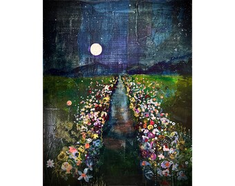 Magical Night Moon Art Print: Starry Sky Enchanted Forest, whimsigoth decor
