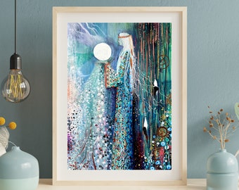 FINE ART PRINT,  Full Moon Art, Intuitive Art, Dreamy Gothic Art, Figurative Abstract, Fantasy Art, Fairy Goddess Art Print, Fantasy Decor