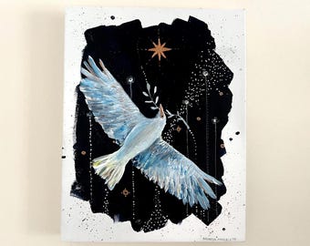 Original Painting on canvas " Hope Wins" by Manda Marble ; White Crow carrying olive branch for peace