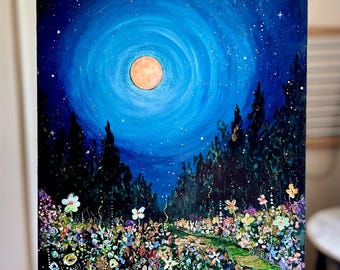 Original Painting "Following Moonbeams" Full Moonlit Wildflower and Pines Painting Art by Manda Marble