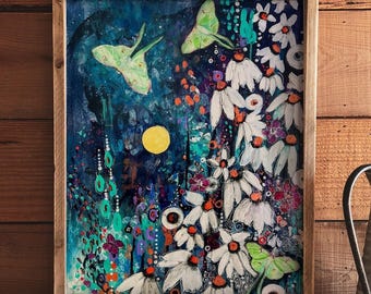 Luna Moth Art Print: Celestial Moonlit Garden Giclee