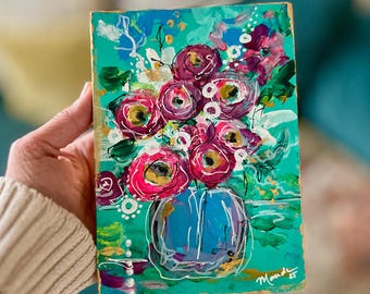 Hand-Painted "Blooming Peonies" Acrylic Painting: 5x7 Floral Art