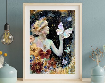 FINE ART PRINT Vintage Ethereal Art,Butterfly Vintage Art, Dark Academia, Goddess of Spring, Goddess Art, Gothic art, Victorian feminine