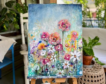 Original Floral Painting on Wood: "LOVE BLOOMS" by Manda Marble