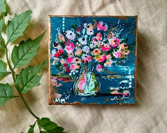 Small Botanical Painting: Vibrant Flowers in Vase,  Original Art,   Gift for Art Collectors