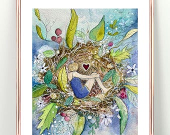 NEST, woodland spirit,  Print of Original Mixed Media Painting by Manda Marble,  Spiritual Art, Nature Lover, Mythology Art, Nest Art