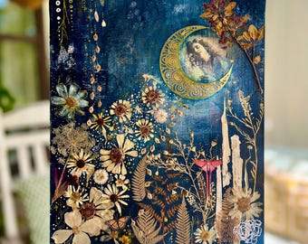 Original Pressed Flower Collage Art: Fairy, Crescent Moon Garden Fantasy Mixed Media, Dark Academia vibes