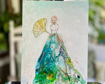 Original Mixed Media Painting, Lady with Ginko Fan on Wood, 11x14