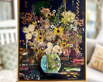 Manda Marble Pressed Flower Collage Art: FRAMED Floral Still Life Mixed Media (17x21)