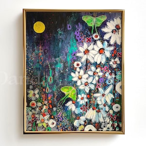 Starry Night Magic: Original Moon and Luna Moth Print for Mystical Art Collectors. Moth Print Visionary Art, fairycore decor Wiccan wall art