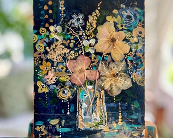Original Pressed Flower Collage Art: Flower Bouquet, Moody Autumn Decor, Dark Academia Mixed Media by Manda Marble