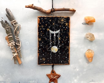 White Crow Painting: Handmade Earth Clay Star, Sycamore Branch - Original Art