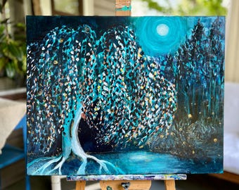Original Handpainted Painting on Canvas - 30x24  Manda Marble Art, Willow in the Pines, Dark Enchanted Forest Painting