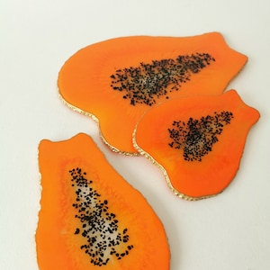 Hars dienblad. Hars onderzetters set. Hars onderzetters. Oranje hars set. Papaya hars dienblad en onderzetter.