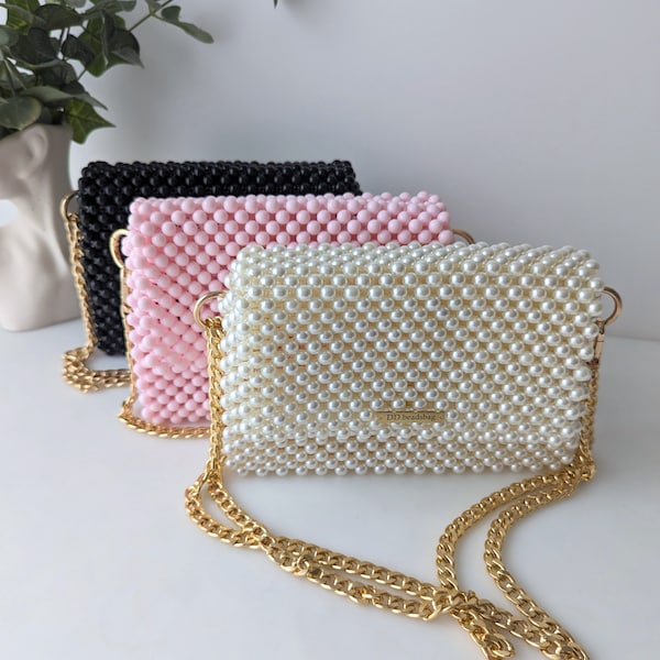 Black Pink Pearl bead handbag, Beaded evening bag, Trendy bead purse, Pearl bead bag, Beaded clutch purse, Elegant bag, Shoulder bag