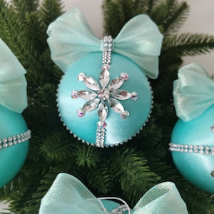 Luxury Christmas rhinestones ornaments, Teal silk satin baubles, Handmade balls, Tree decor set, Xmas decorations, Xmas baubles, Xmas gift