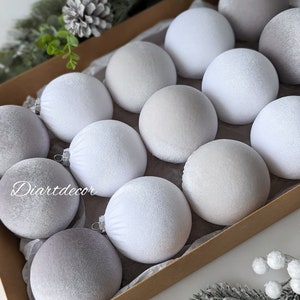 Christmas tree ornaments , Ornaments Mix, White, Light Grey, Grey - 15 Units Set , Home Tree Decoration, Handmade Velvet baubles, Xmas gift